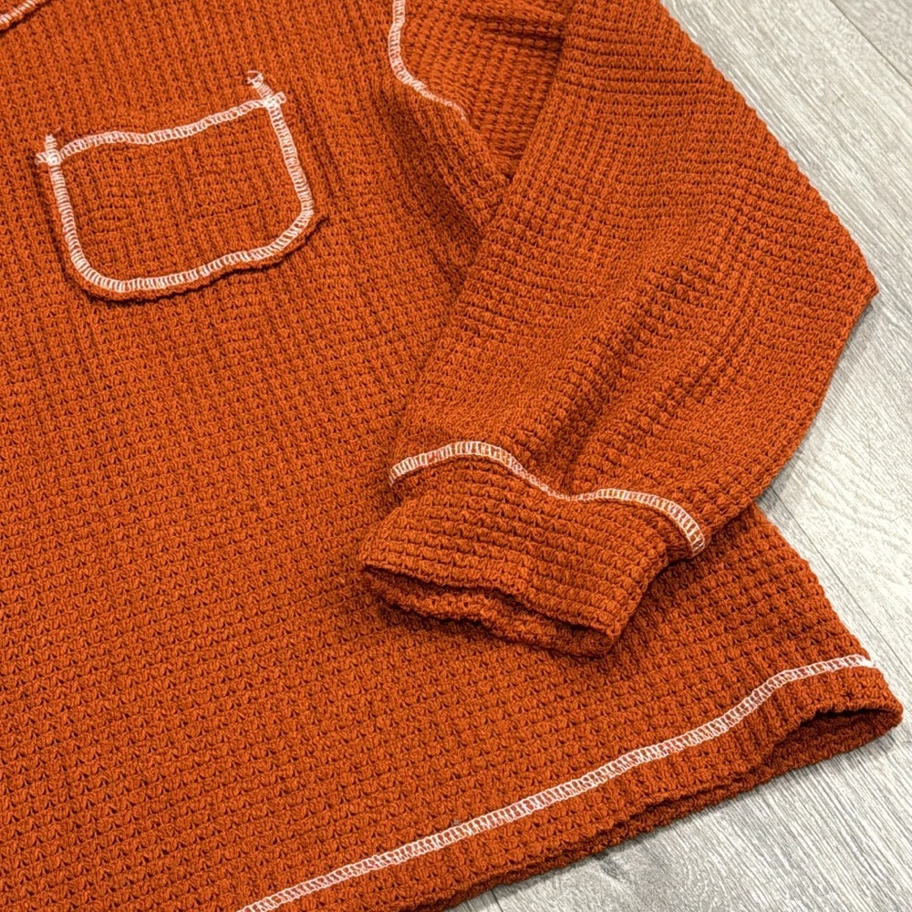 Women’s Long Sleeve Waffle Sweater Oversized Boho Knit Tunic Rust Orange Large - Picture 6 of 13